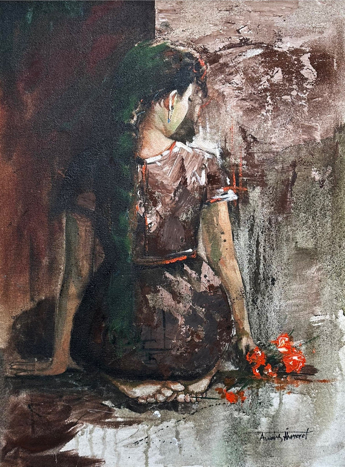 Awais Ahmed 18x24 oil on canvas - Solitude With Red Flowers seated girl painting