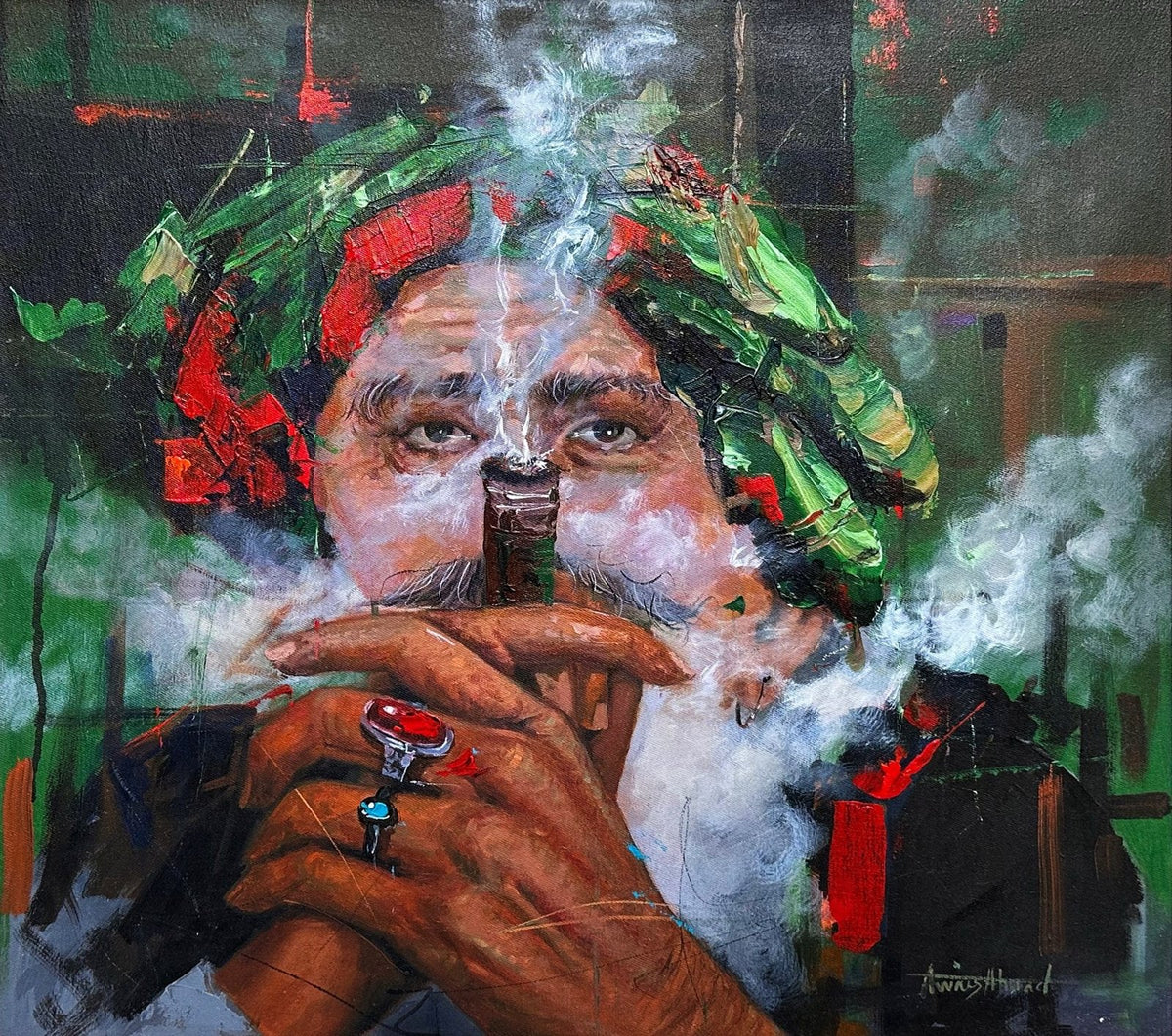 Awais Ahmed 22x24 oil on canvas - Sufi Baba smoking chillum portrait