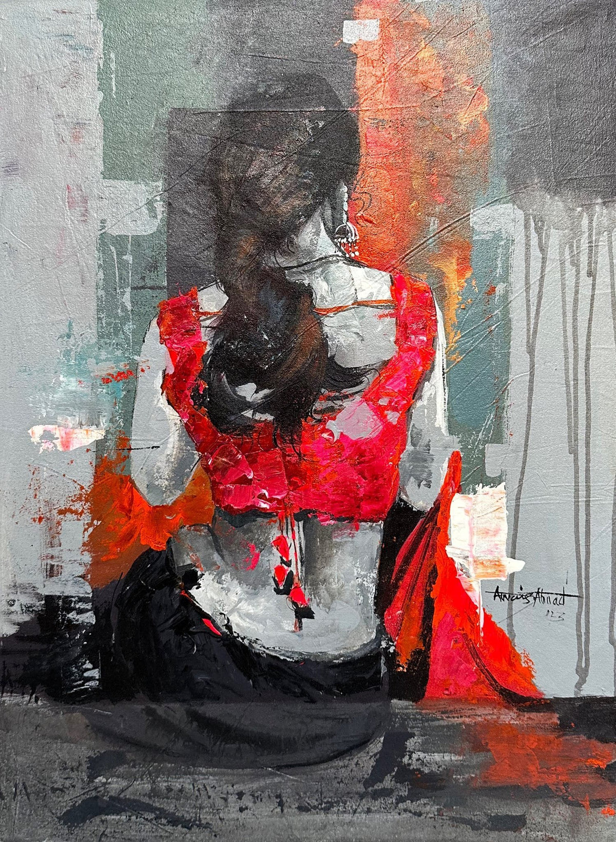 Awais Ahmed 18x24 oil on canvas - woman back view in red choli with long braid