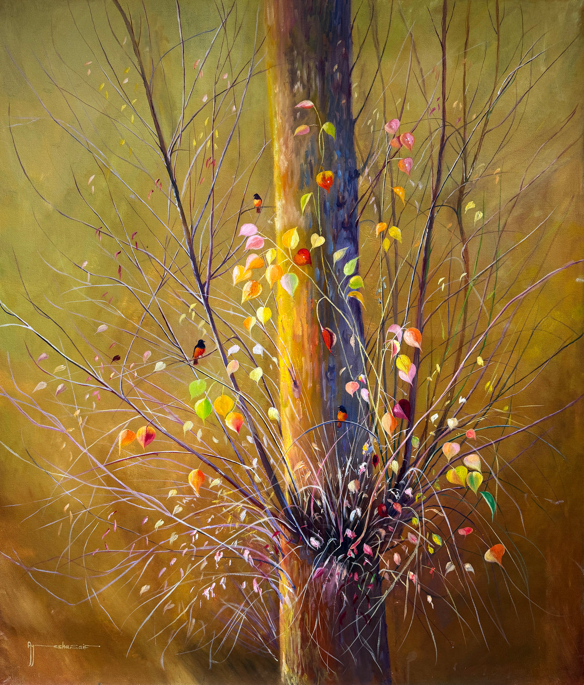 Ayesha Saif oil on canvas 36x42 inches three birds pink yellow orange leaves golden tree blue trunk nature painting