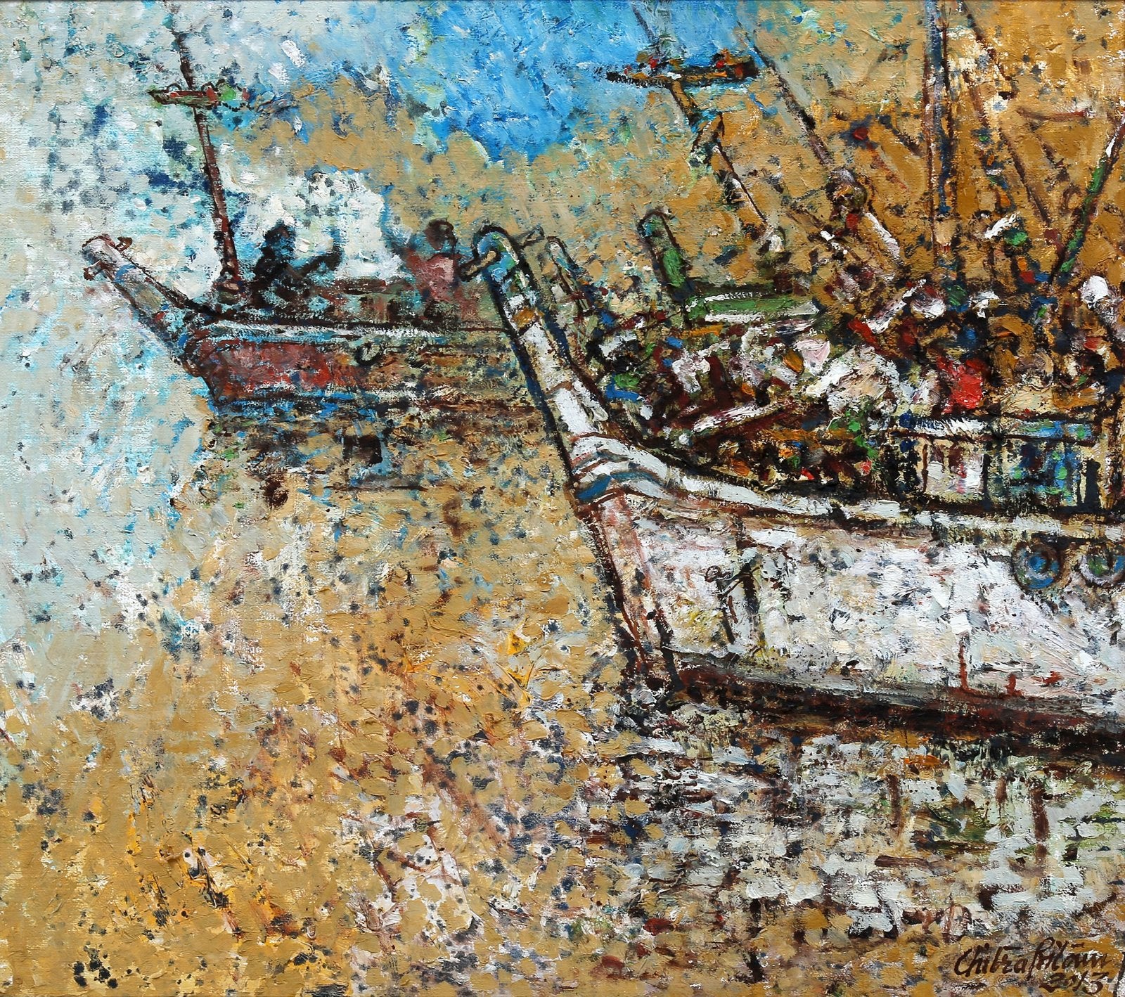Chitra Pritam Karachi Anchored Boats Painting 16x18 inches