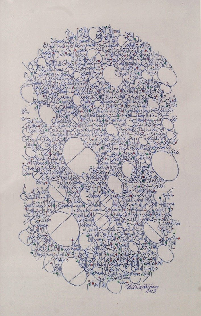 Chitra Pritam Surah Ar Rahman Oval Calligraphy Pen On Paper 9x14 inches 2013
