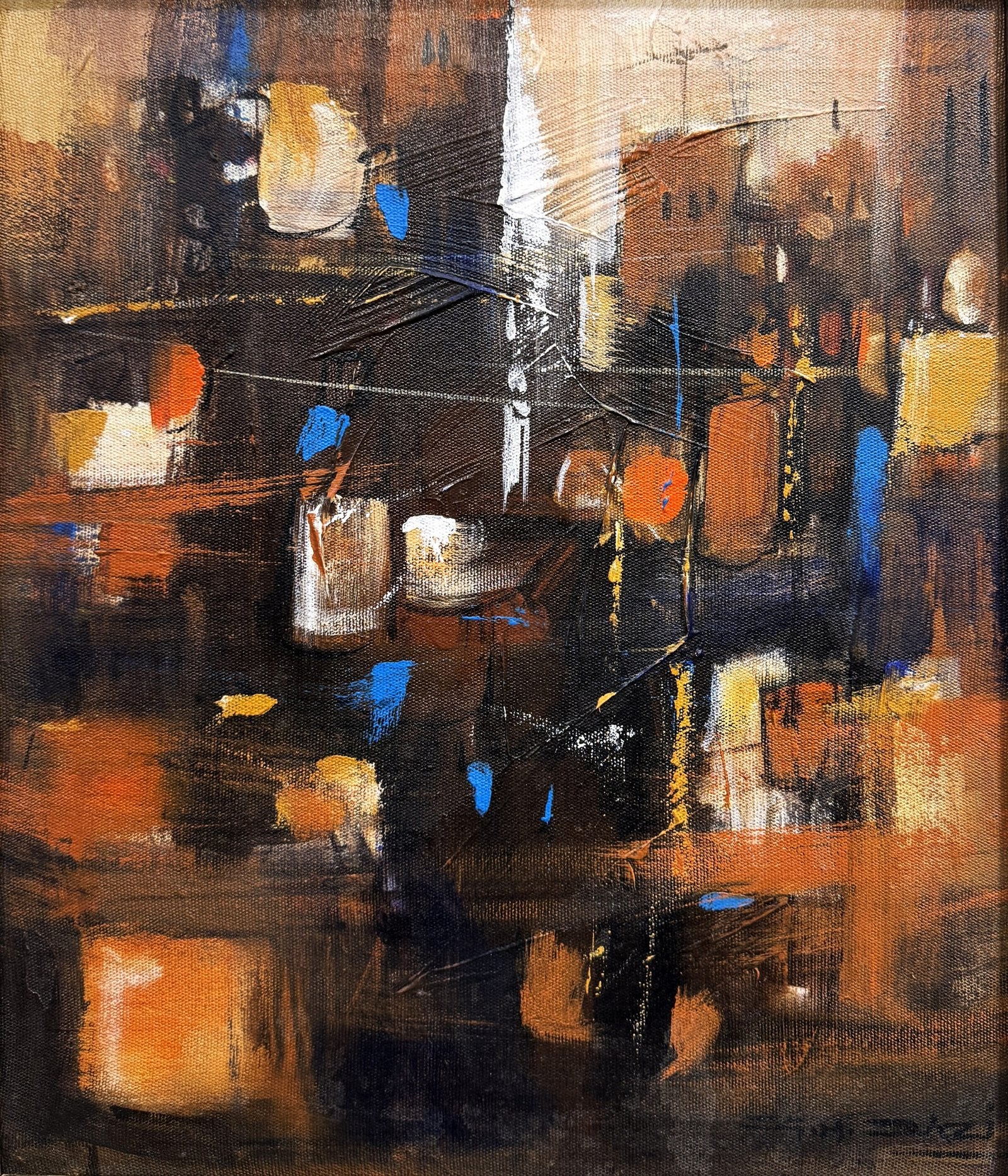 G N Qazi City Lights Abstract Oil on Canvas 12x14 inches | Warm Brown Orange Blue Texture