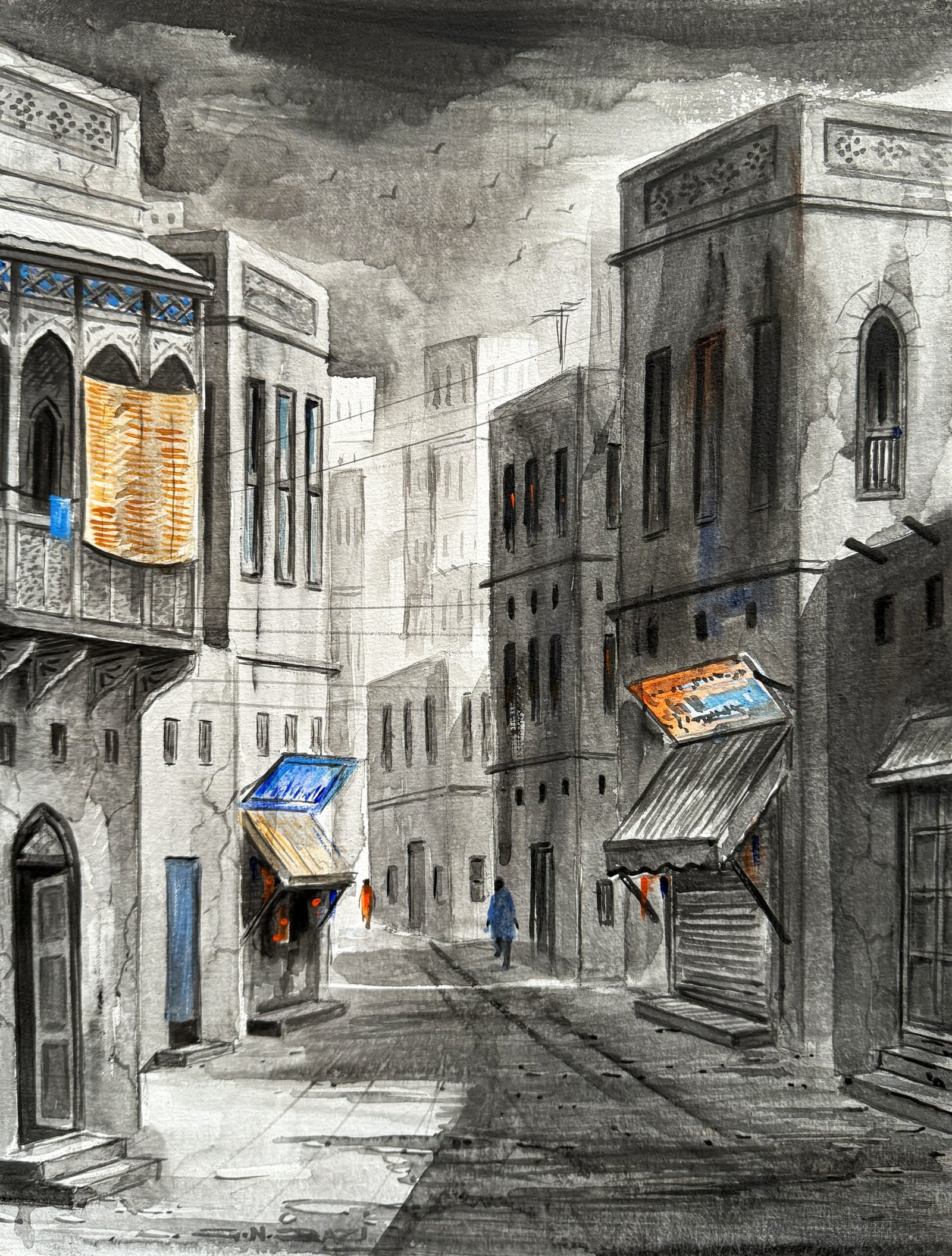 G N Qazi Heritage Street Acrylic on Canvas 12x16 inches | Old City Alley Blue Doors Grey Karachi