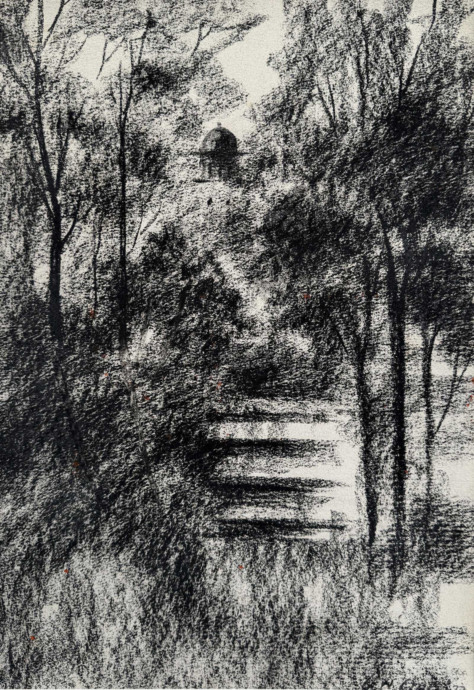 G N Qazi Hidden Shrine Charcoal on Paper 11x16 inches | Forest Stairs Dome Monochrome Drawing