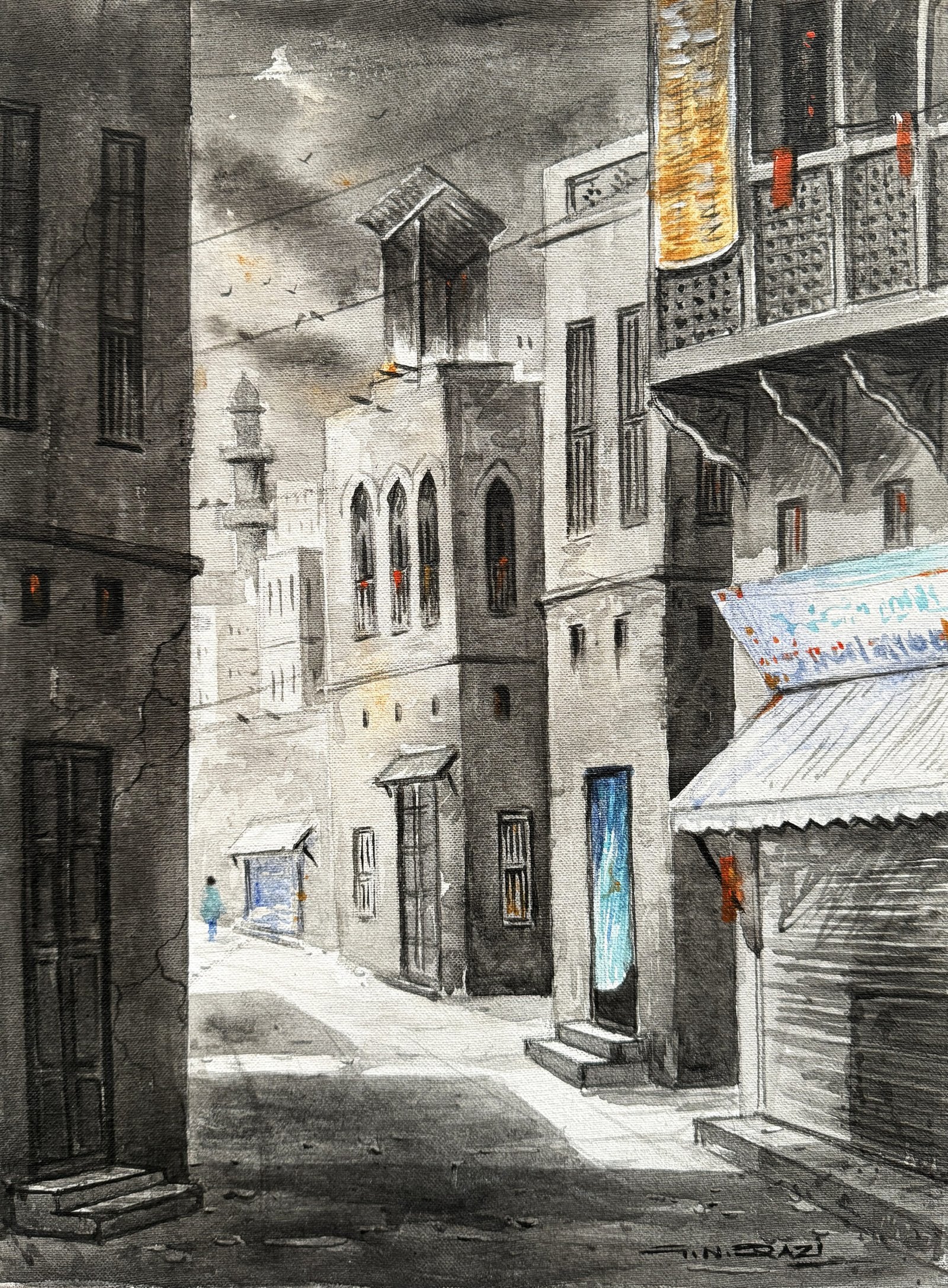 G N Qazi Old City Lane Acrylic on Canvas 12x16 inches | Karachi Heritage Street Minaret Grey