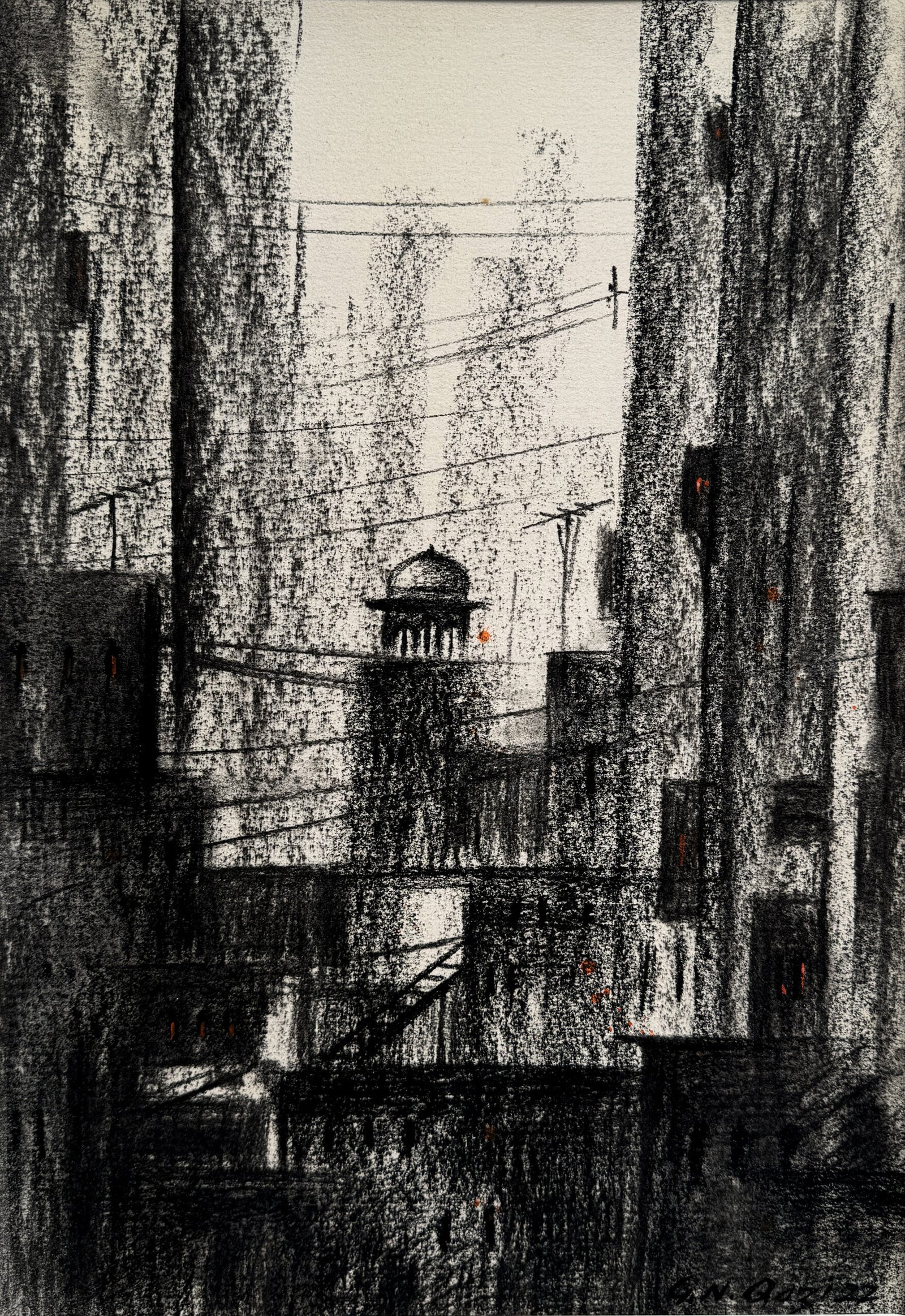 G N Qazi Old City Lane Charcoal on Paper 11x16 inches | Dome Buildings Wires Monochrome