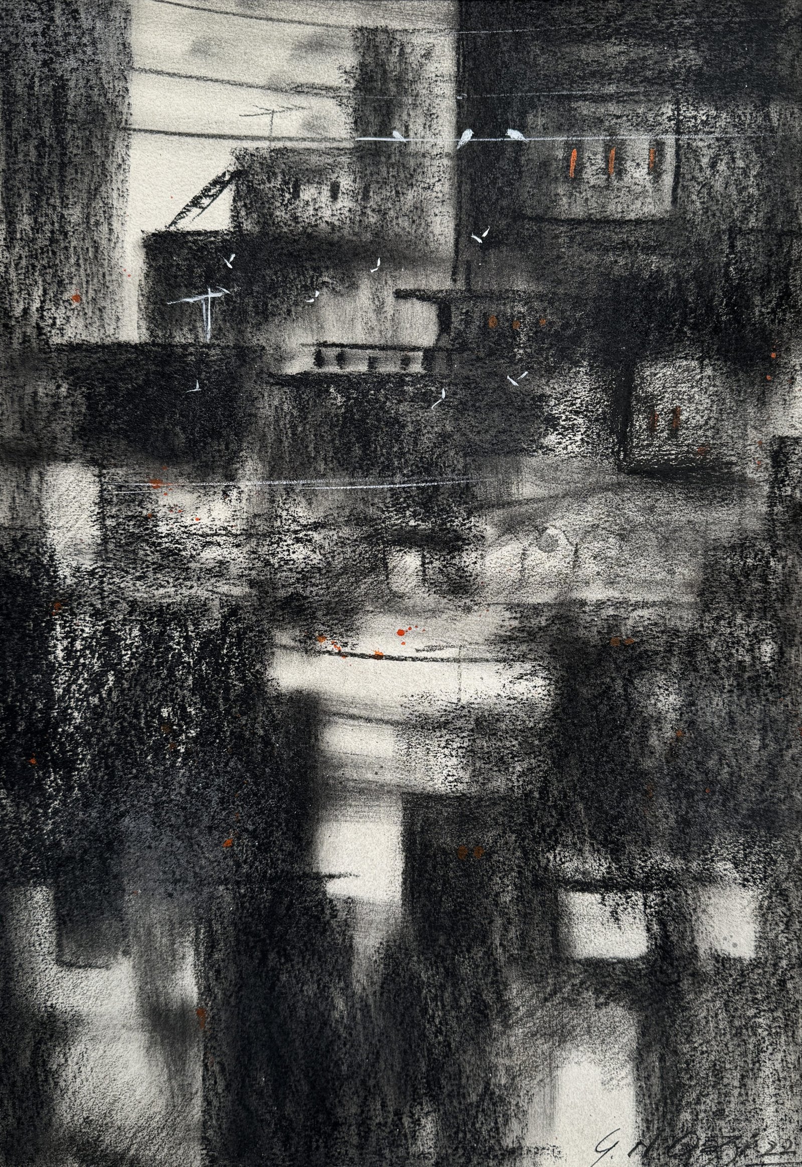 G N Qazi Urban Echoes Charcoal on Paper 11x16 inches | City Blocks Birds Wires Monochrome
