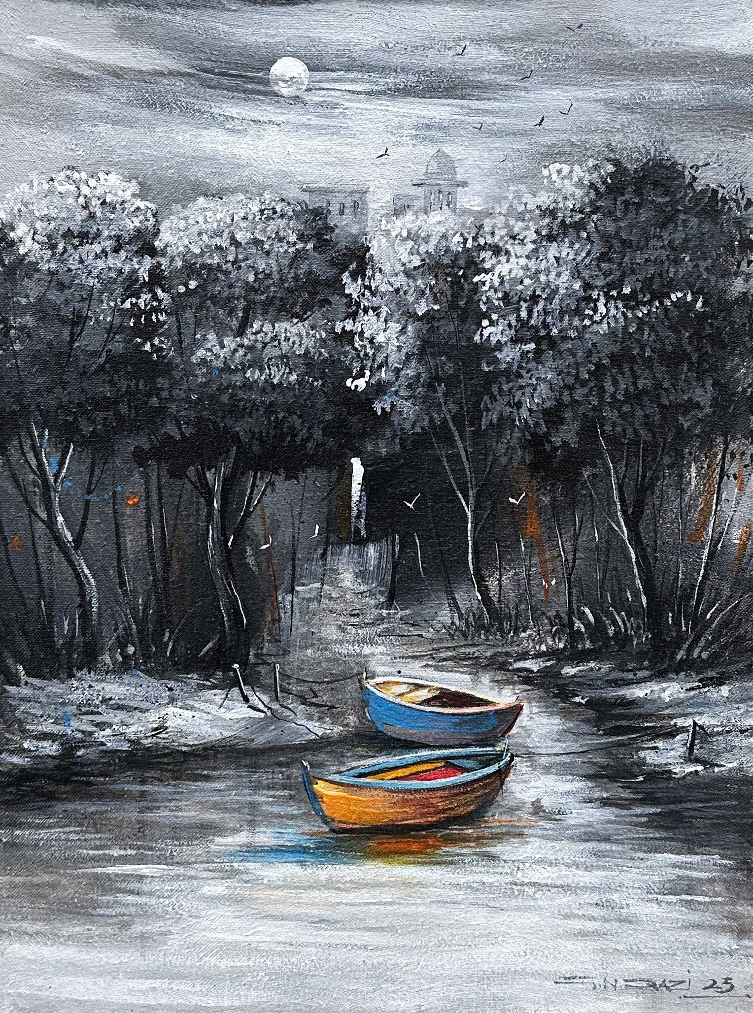 G N Qazi Urban Serenity Acrylic on Canvas 12x16 inches | Moonlight River Boats Monochrome