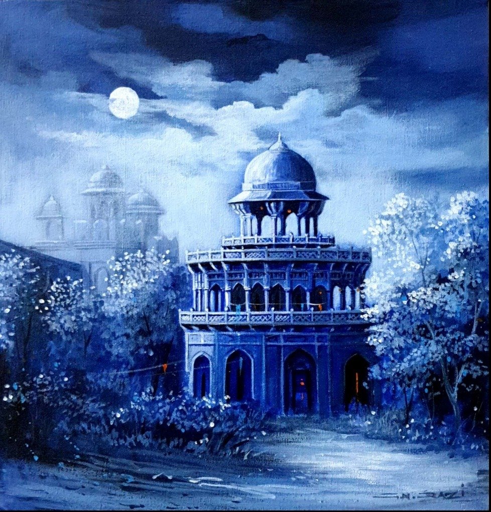 G N Qazi Urban Serenity Acrylic on Canvas 18x18 inches | Moonlight Dome Blue Monochrome