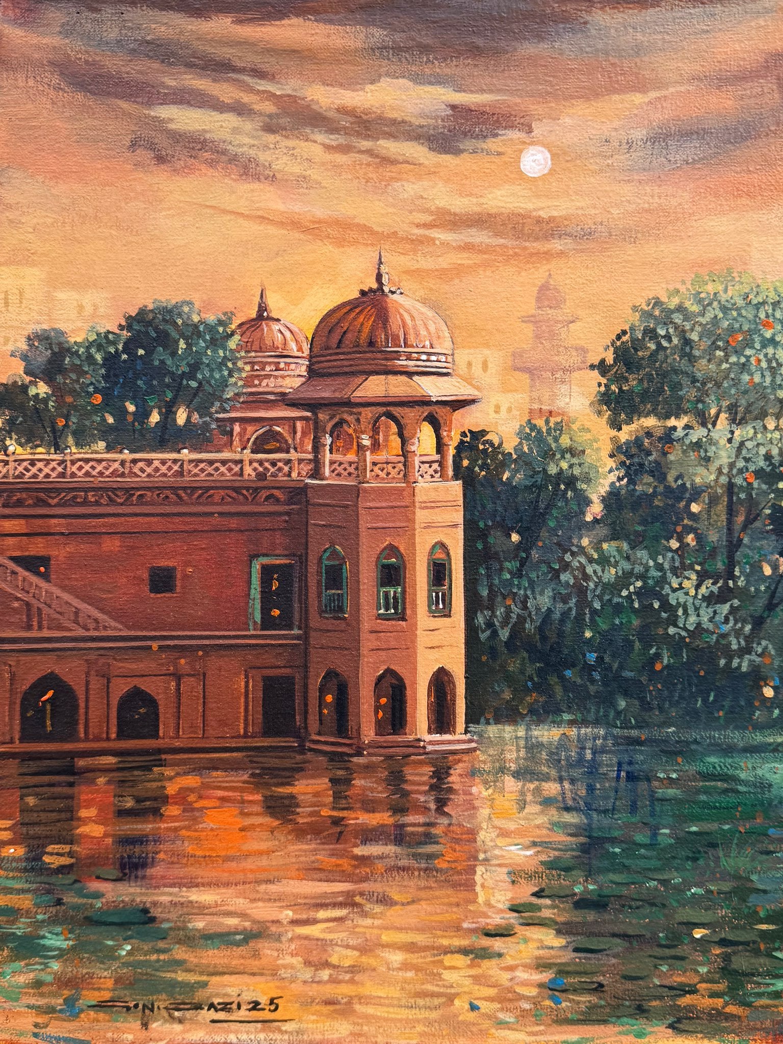 G N Qazi Water Palace Acrylic on Canvas 12x16 inches | Reflection Dome Sunset Moon