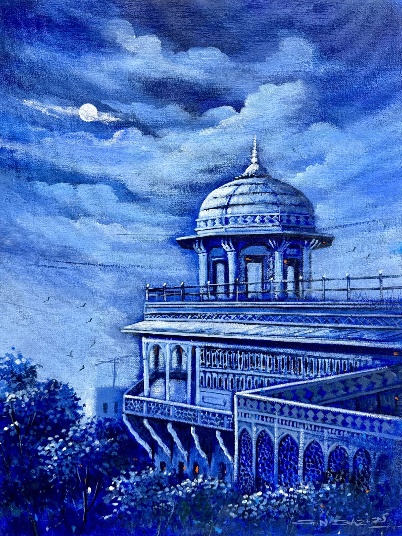 G N Qazi Whispers of the Blue Palace Acrylic on Canvas 12x16 inches | Moonlit Palace Blue Night