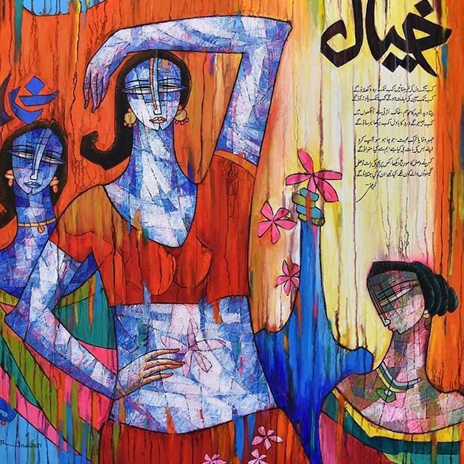 A.S. Rind Khayaal Abstract Women Urdu Poetry Acrylic on Canvas 36x36 inches