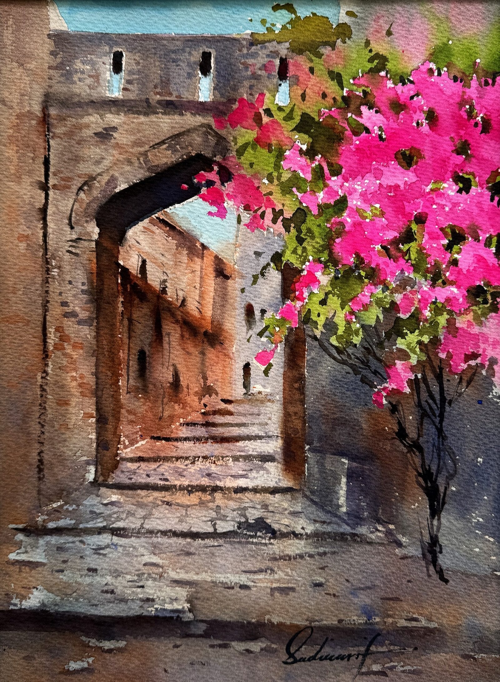 Sadia Arif | Title: Golden Alley | Medium: Watercolor On Paper | Size: 11x15 inches