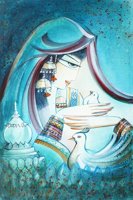 Hajra Mansoor Aman ki Dua Woman Doves Watercolor on Canvas 20x30 inches