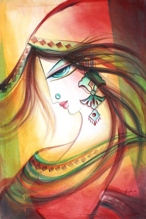 Hajra Mansoor Raqs-e-Baad Woman Profile Earring Watercolor on Canvas 20x30 inches