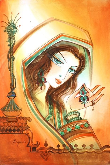 Hajra Mansoor Noor-e-Zeenat Traditional Woman Earring Watercolor on Canvas 20x30 inches