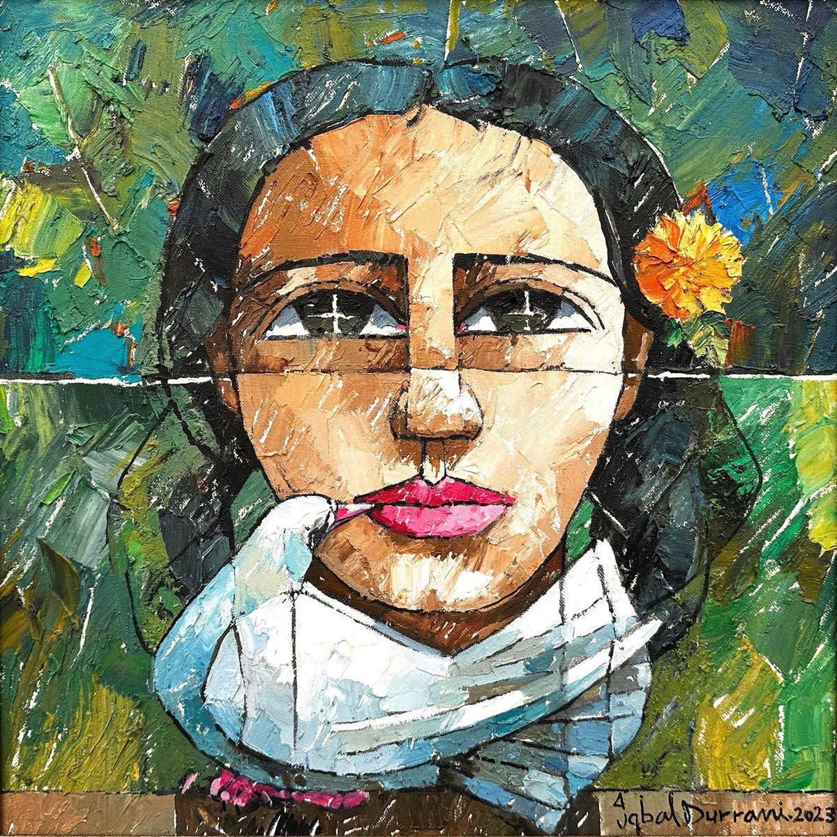 Iqbal Durrani Harmony oil knife work on canvas 18x18 inches Pakistani contemporary portrait painting SOLD