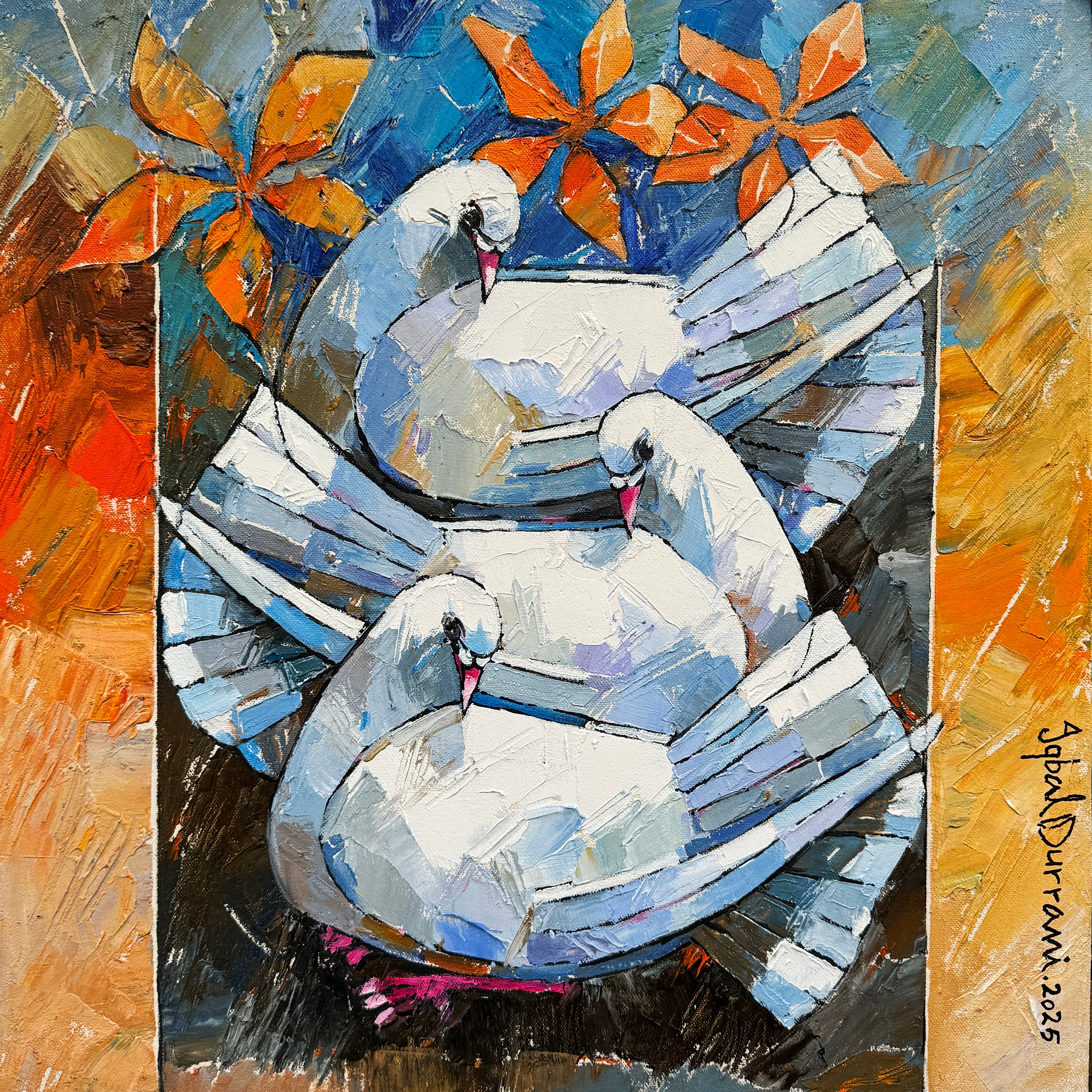 Iqbal Durrani Three Doves with Flowers Oil Knife Work Canvas 18x18 inches