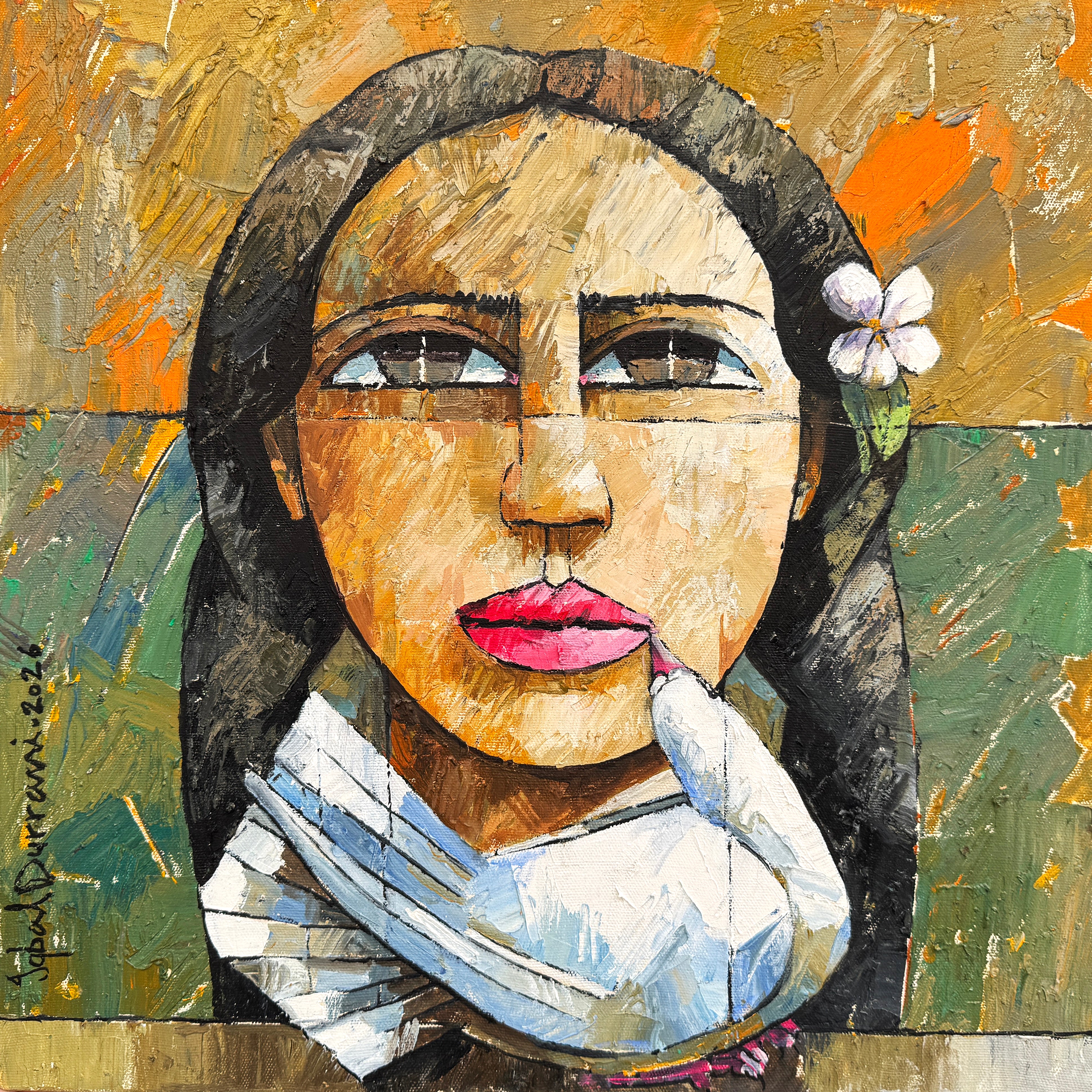 Iqbal Durrani Woman with Dove and Flower Painting 18x18 inches