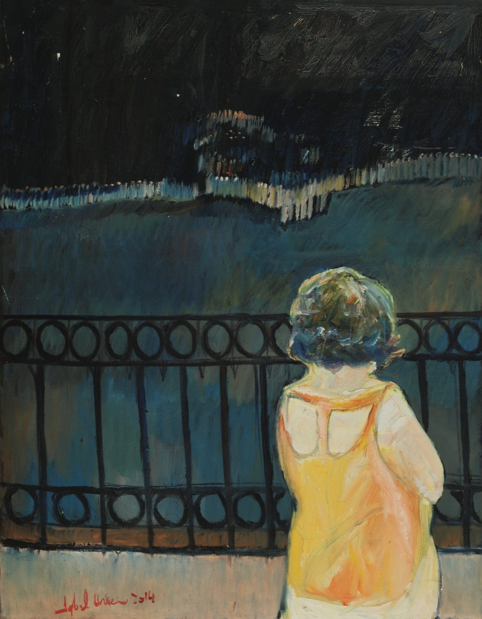 Iqbal Hussain Child Night View Oil Canvas 24x32 inches