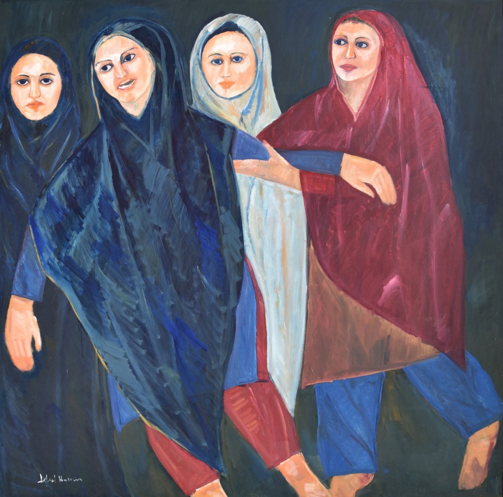 Iqbal Hussain Sisters of the Street Oil Canvas 60x60 inches