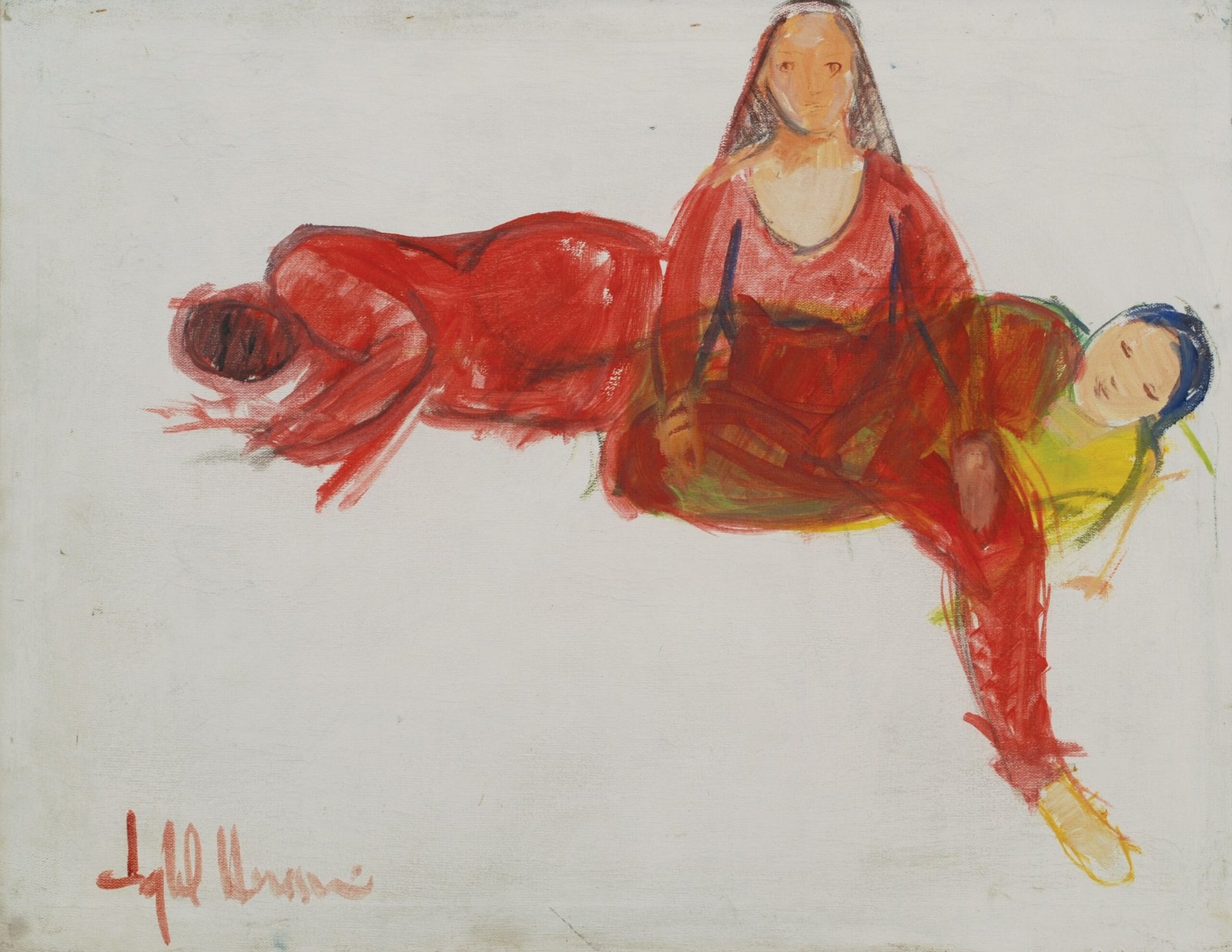 Iqbal Hussain Three Figures Red Oil Canvas 24x28 inches