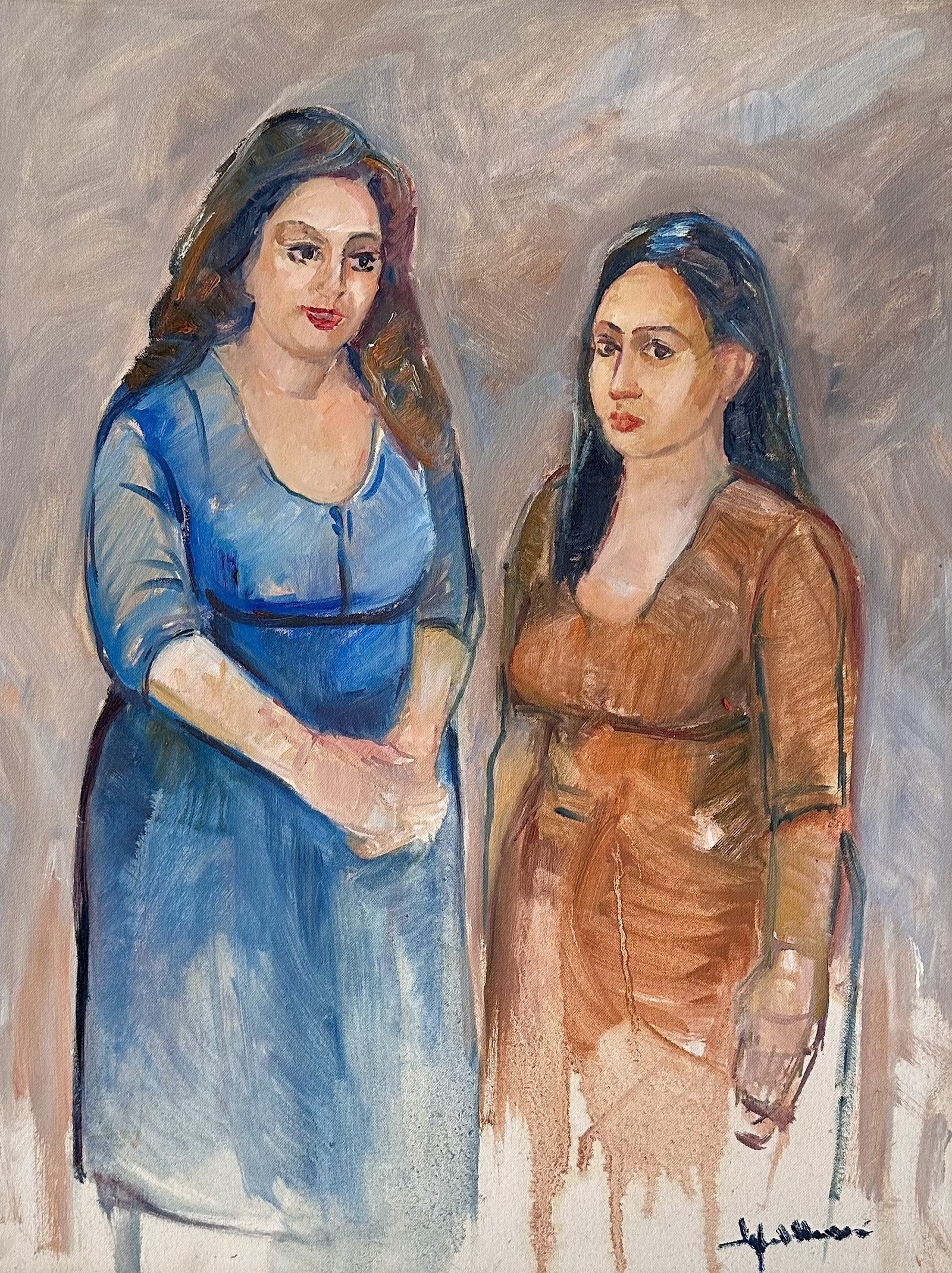 Iqbal Hussain Two Women Blue Rust Dress Oil Canvas 18x24 inches