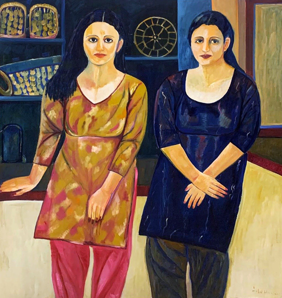 Iqbal Hussain Two Women Interior Oil Canvas 54x60 inches