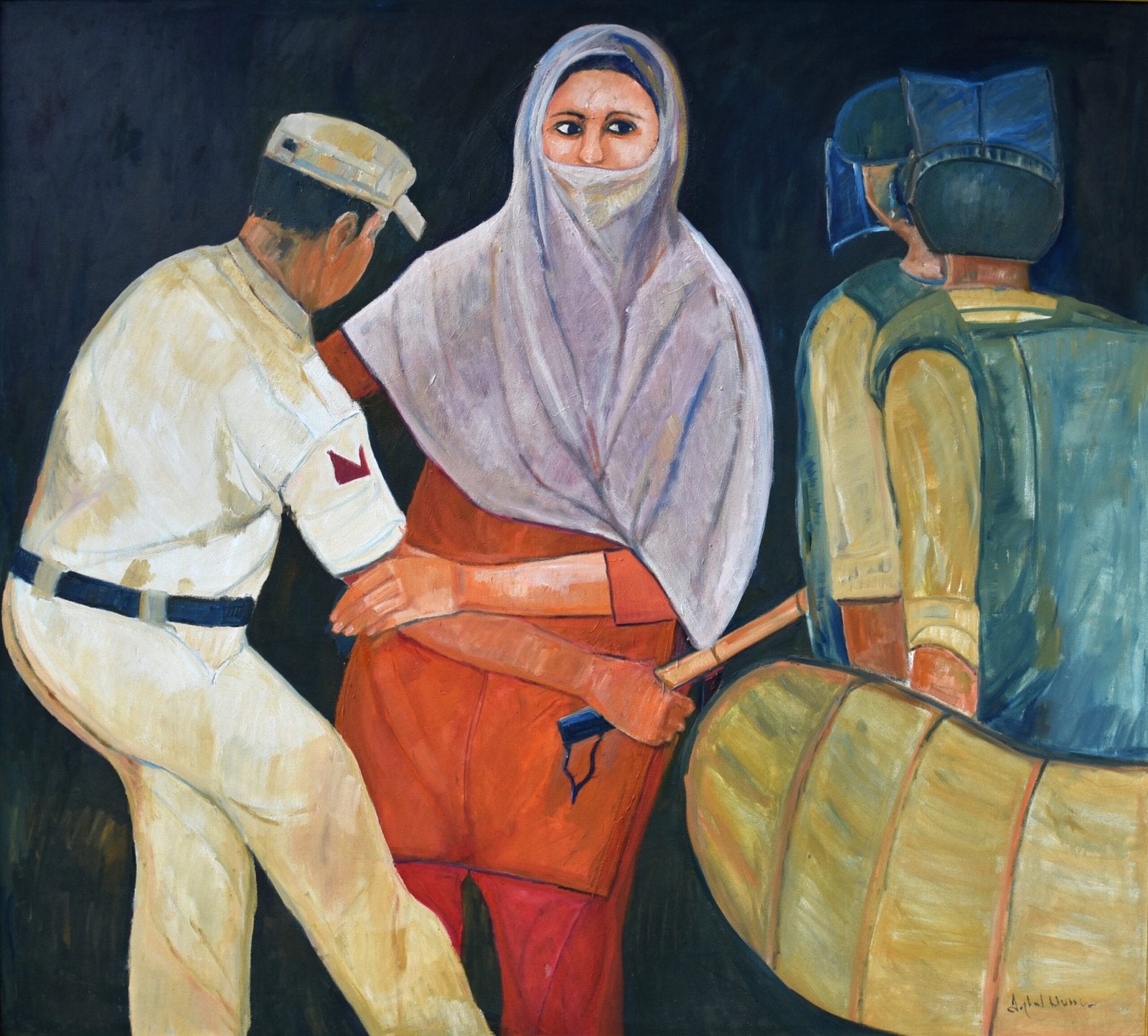 Iqbal Hussain Veiled Woman Scene Oil Canvas 54x60 inches