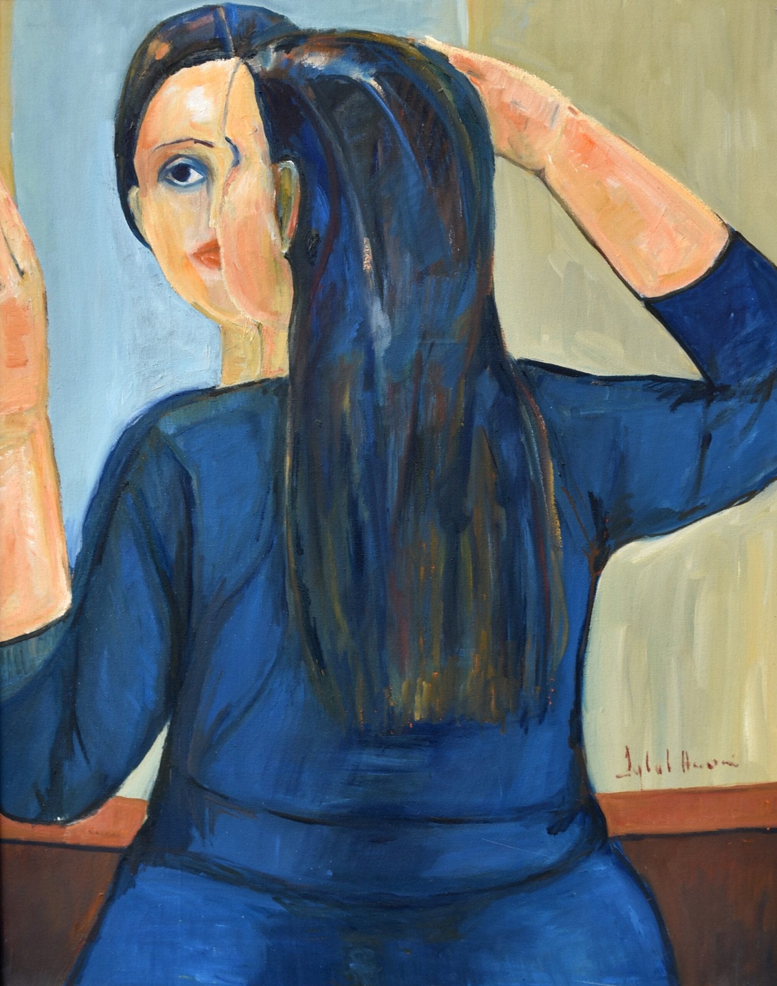 Iqbal Hussain Woman Blue Dress Mirror Oil Canvas 24x30 inches
