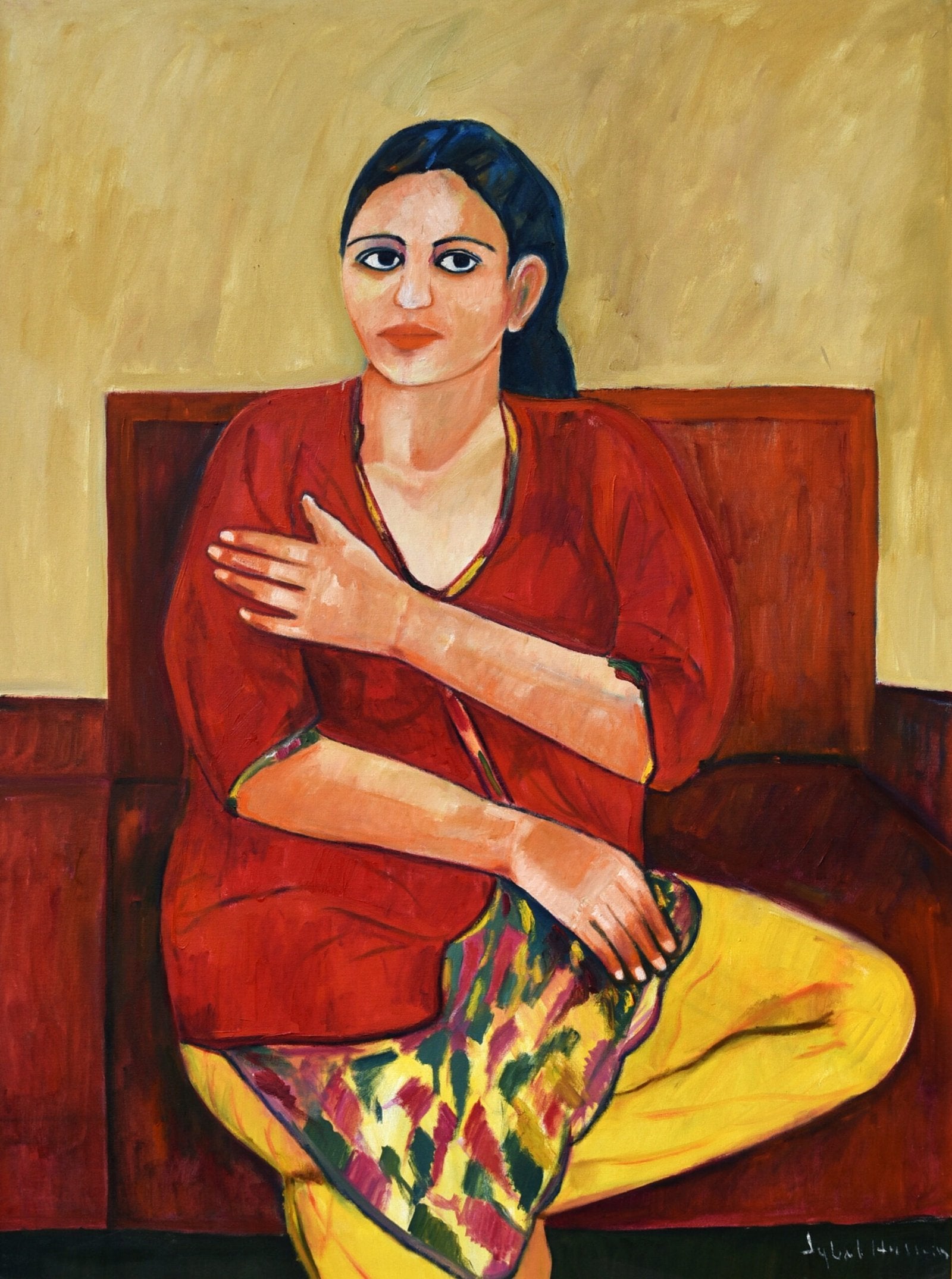 Iqbal Hussain Woman Red Oil Canvas 36x48 inches