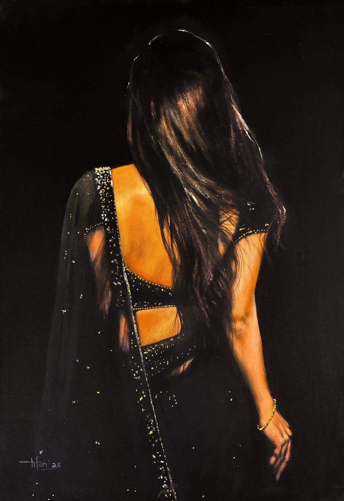 Irfan Ahmed woman in black saree back view oil on canvas 22x32 inches figurative painting