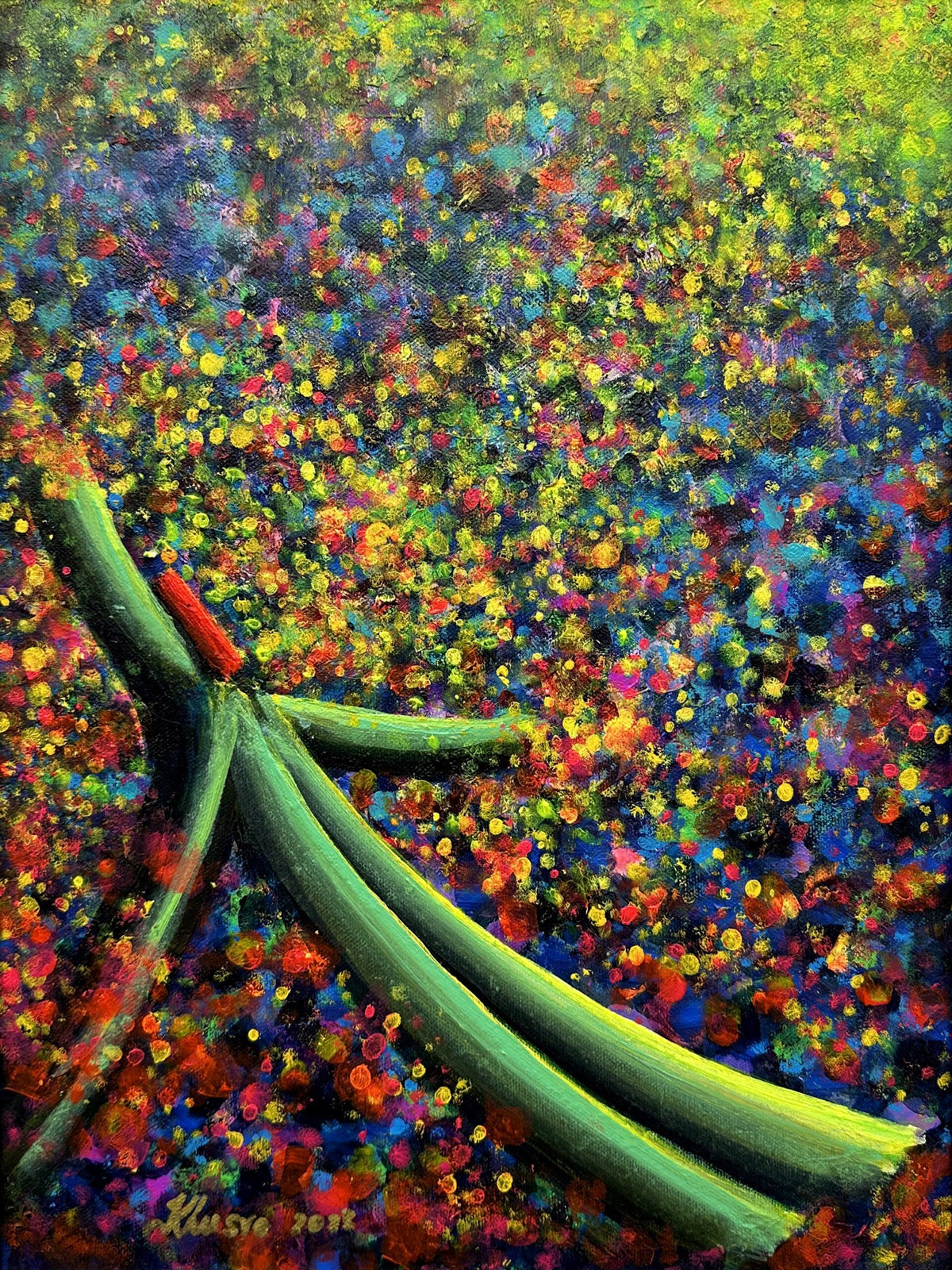 Khusro Subzwari Whirling Dervish Painting oil on canvas 12x16 inches green Sufi dervish whirling red cap colorful pointillism abstract painting sold