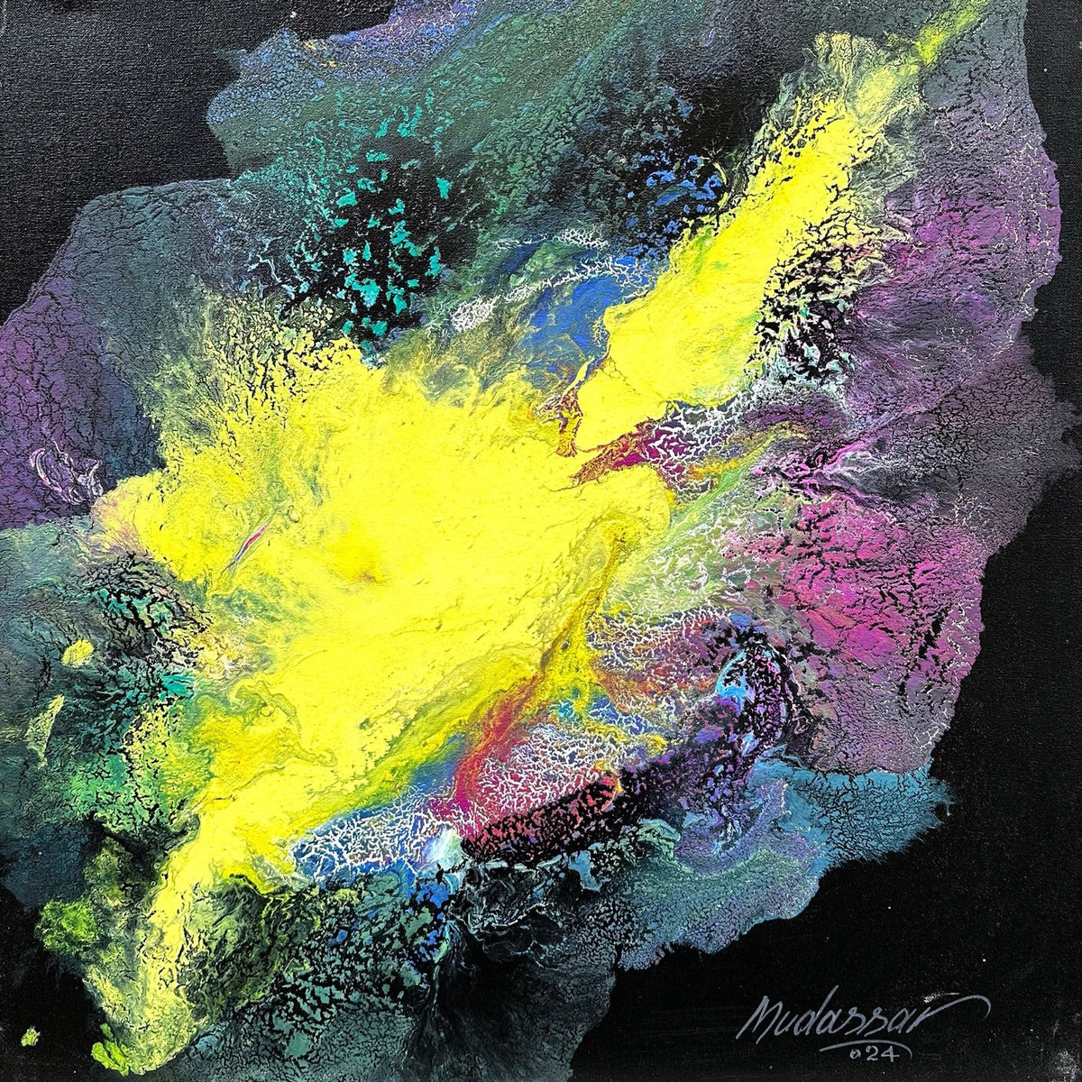 M Mudassar neon galaxy burst yellow purple 24x24 oil on canvas