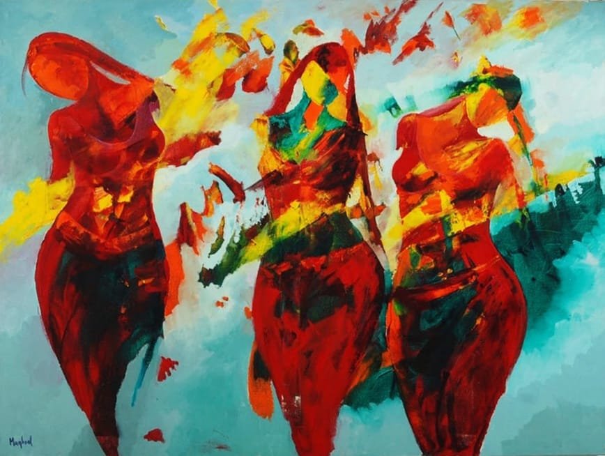 Maqbool Ahmed oil on canvas 36x48 inches three dancing women fiery red orange yellow abstract figurative painting