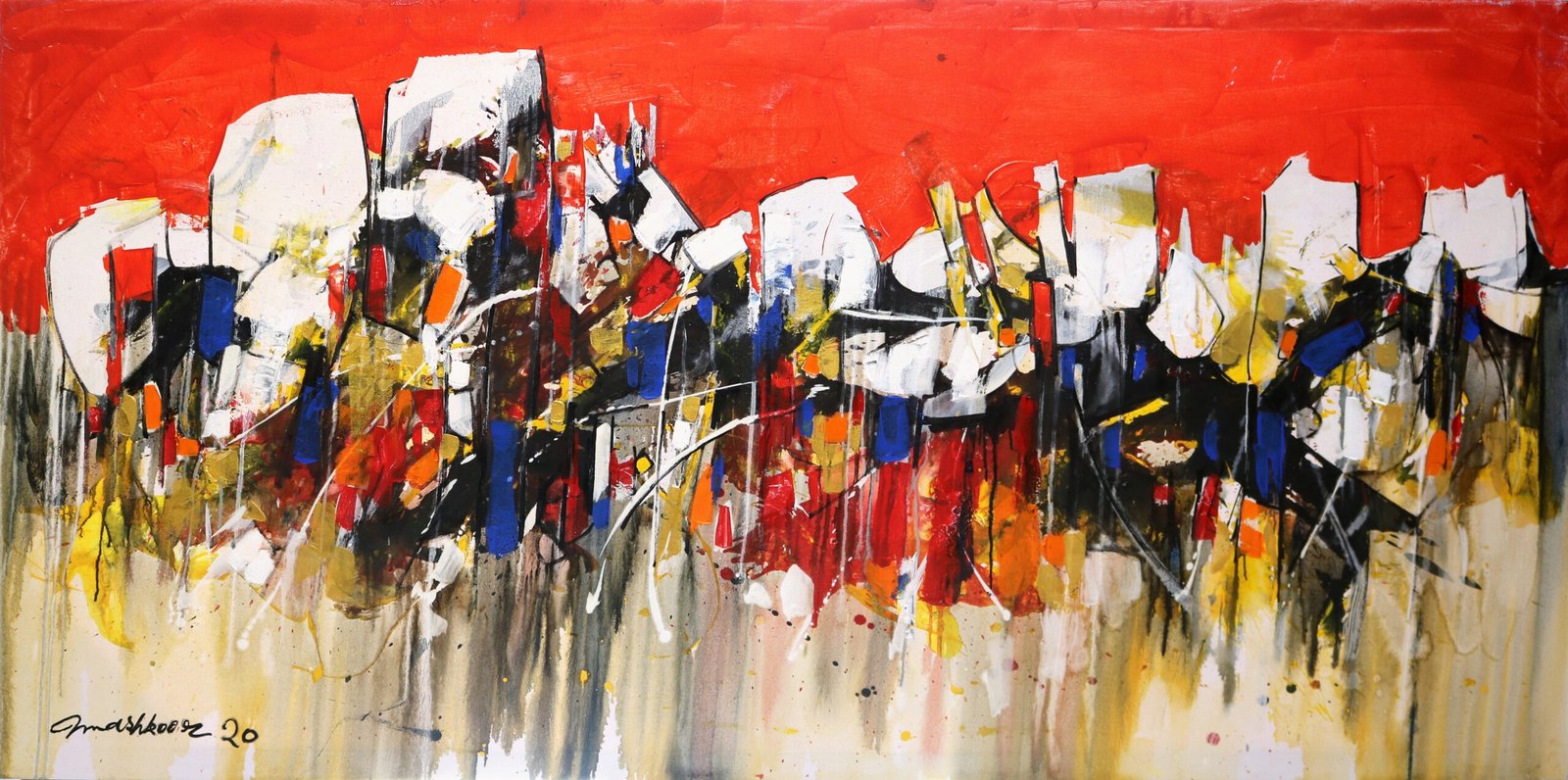 Mashkoor Raza Crimson Skyline Oil on Canvas 36x72 inches Large Abstract