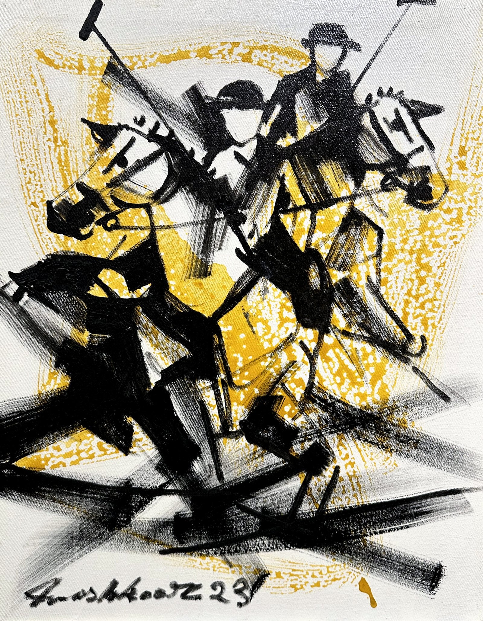 Mashkoor Raza Golden Polo Duo Oil on Canvas 14x18 inches Sport Art