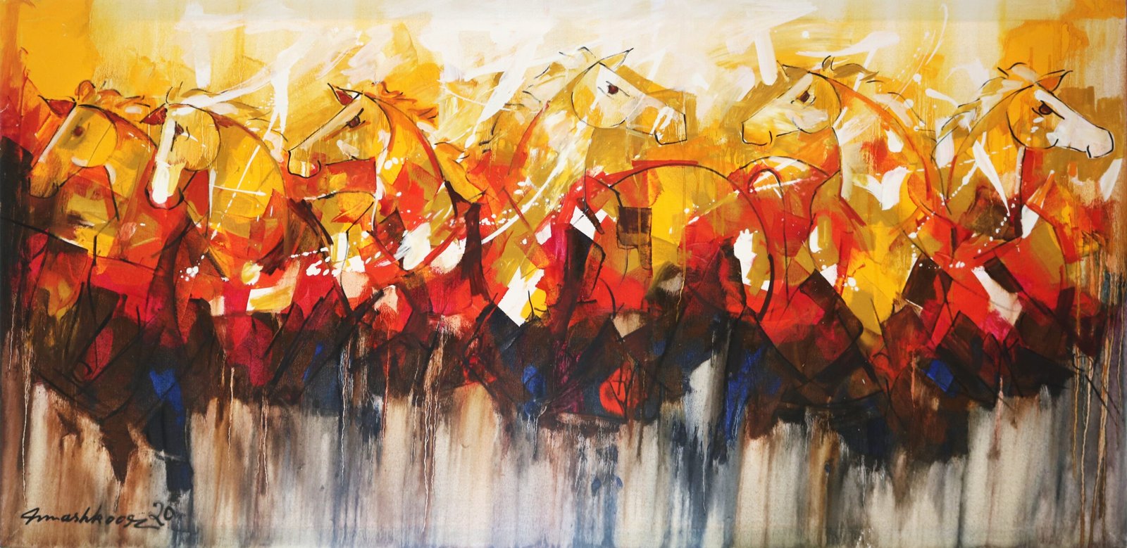 Mashkoor Raza Golden Stampede Oil on Canvas 36x72 inches Large Horse Painting