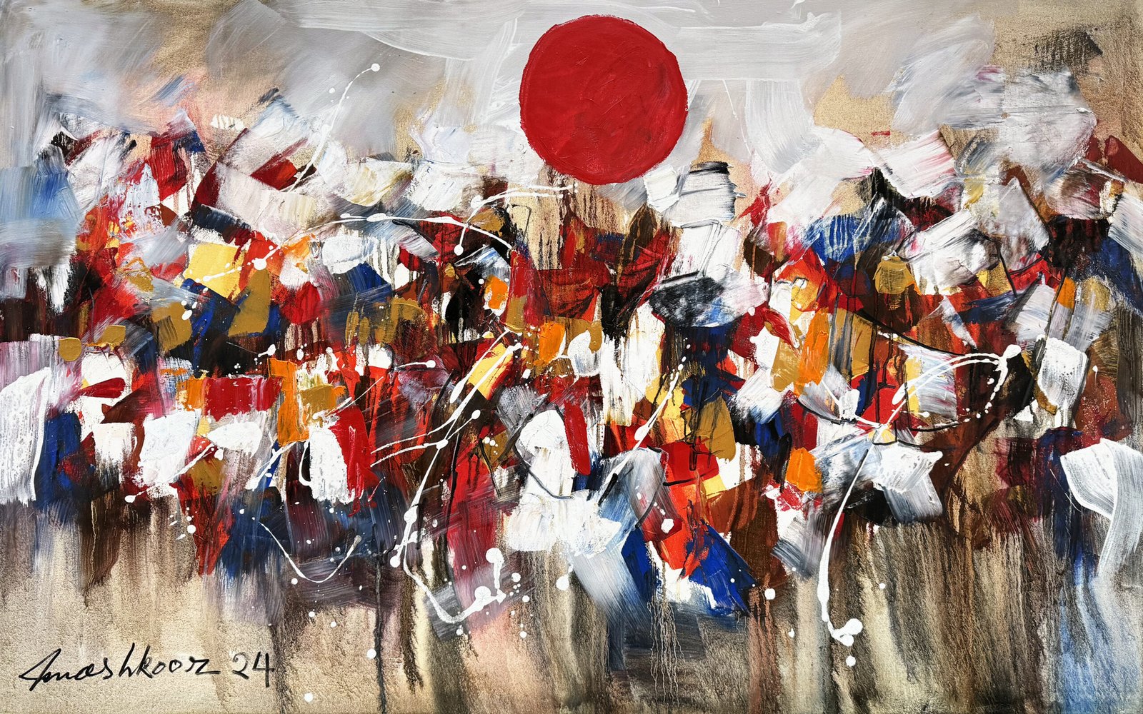 Mashkoor Raza Red Sun Gathering Oil on Canvas 30x48 inches Abstract Art