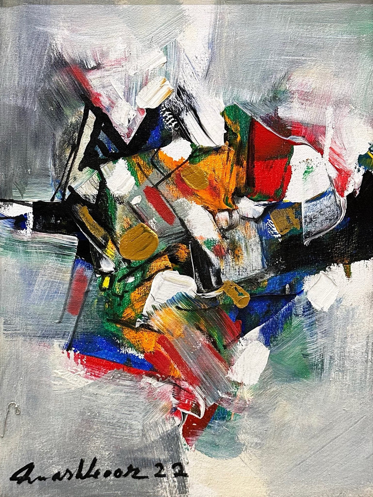 Colorful abstract oil painting on 12x16 canvas by Mashkoor Raza featuring red blue green and gold paint strokes.