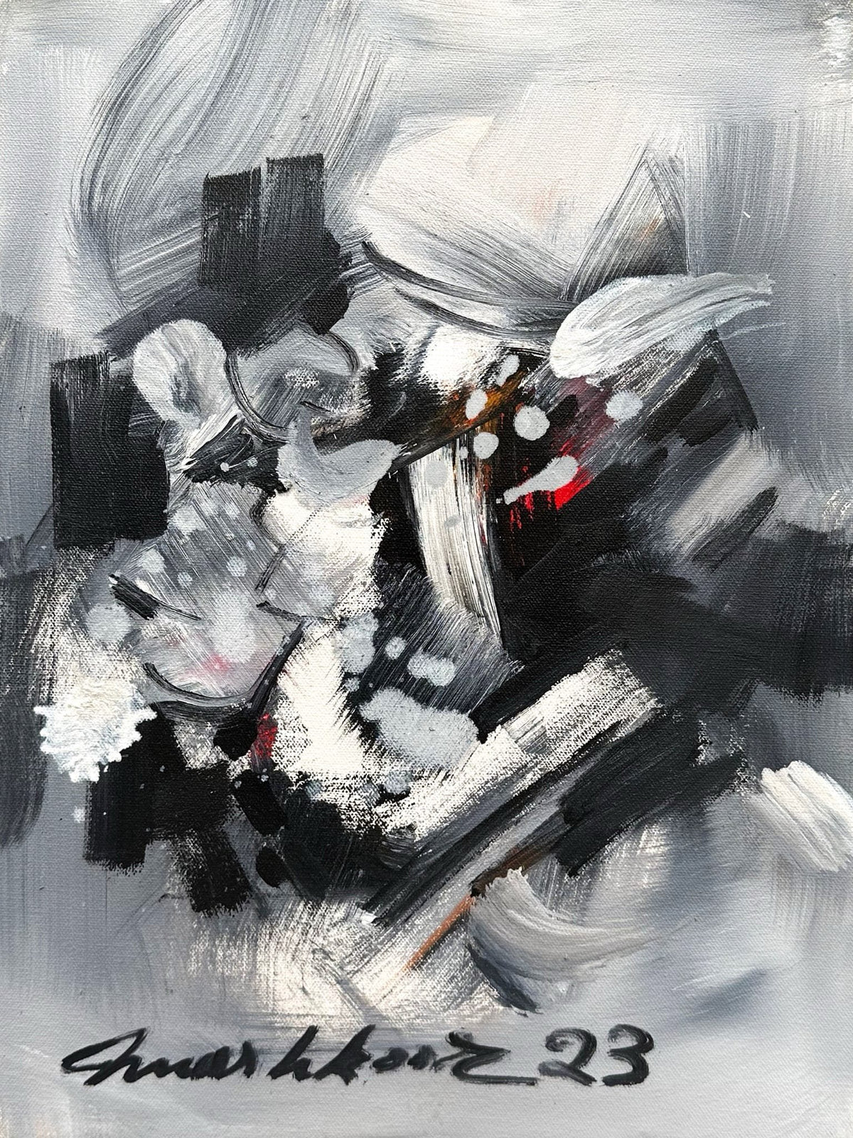 Modern vertical abstract oil painting by Pakistani artist Mashkoor Raza featuring black white and grey brushstrokes on 12x16 canvas.