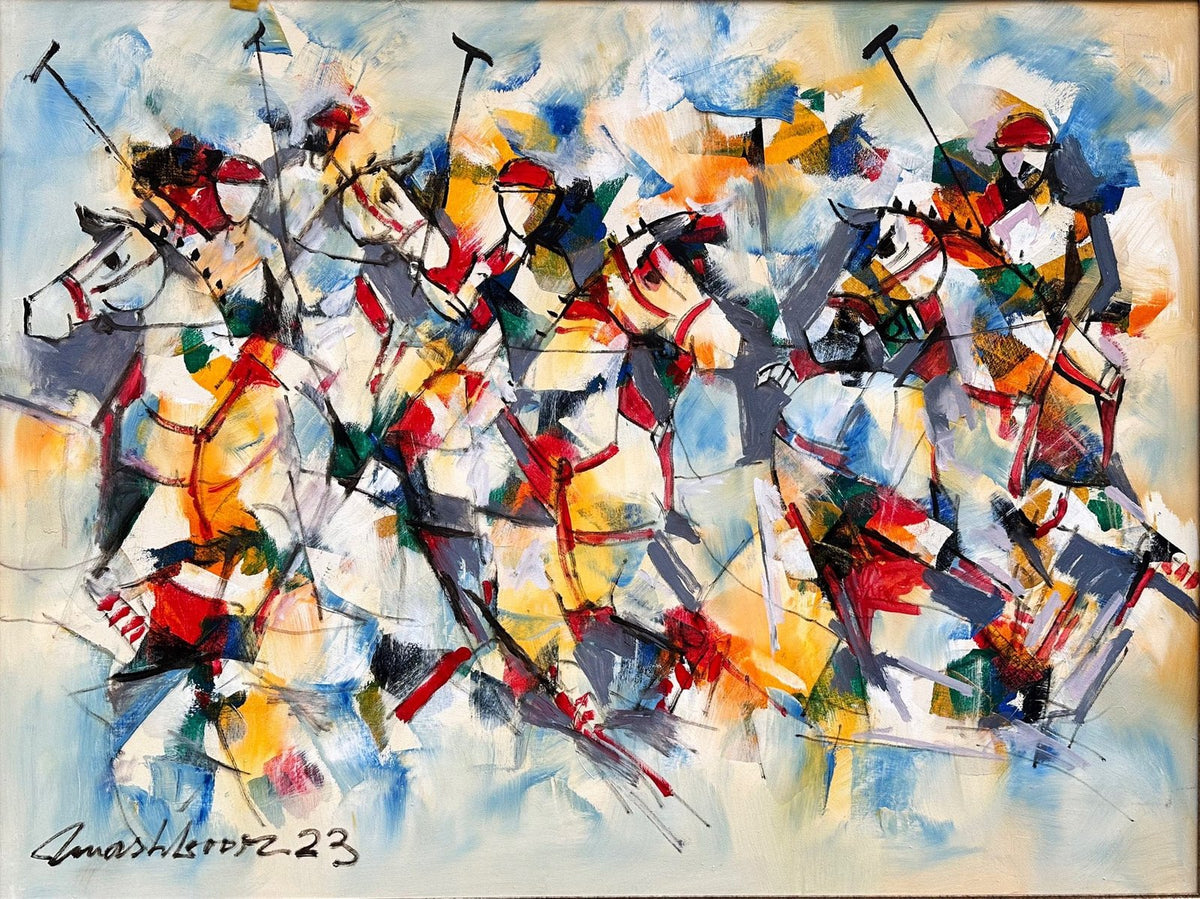 Polo Players colorful oil painting on canvas by Mashkoor Raza showing polo riders with mallets on horses.