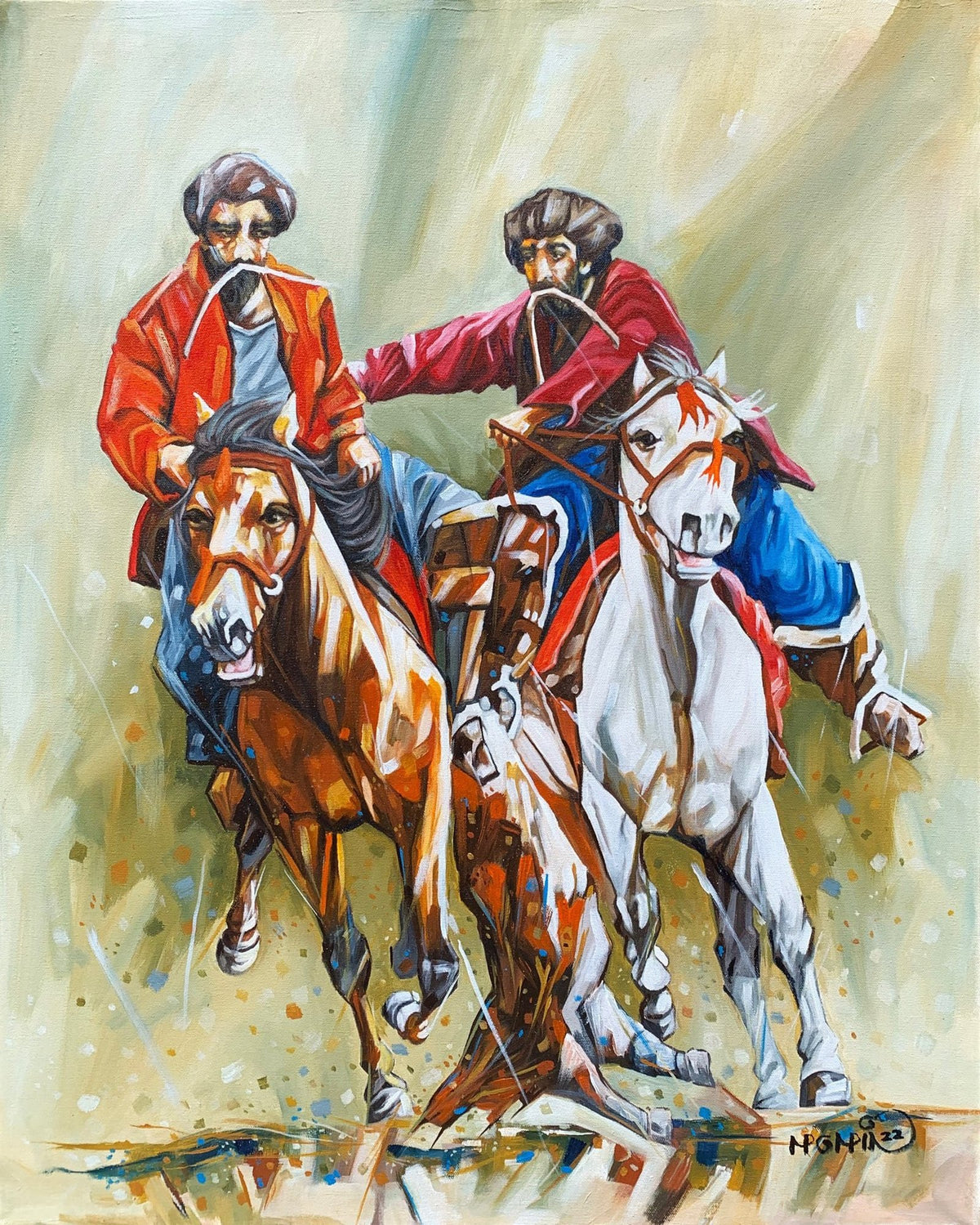 Momin Khan Buzkashi Rivals 24x30 twin red warriors brown white horses goat prize