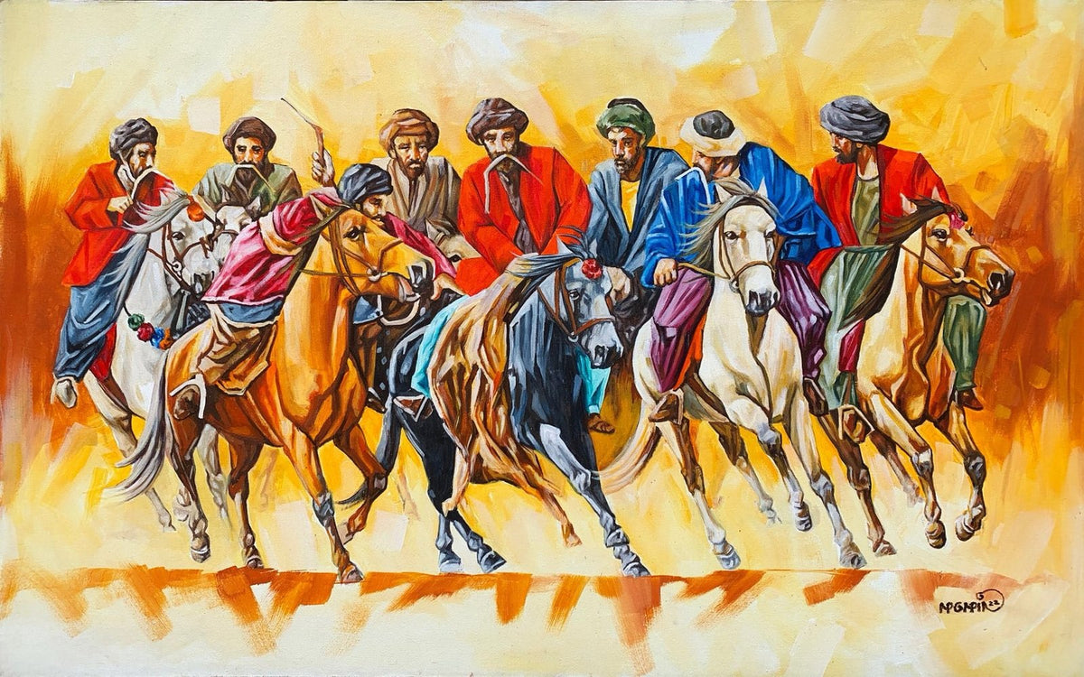 Momin Khan Buzkashi Valor oil painting showing horsemen charging on a black stallion on golden canvas background.