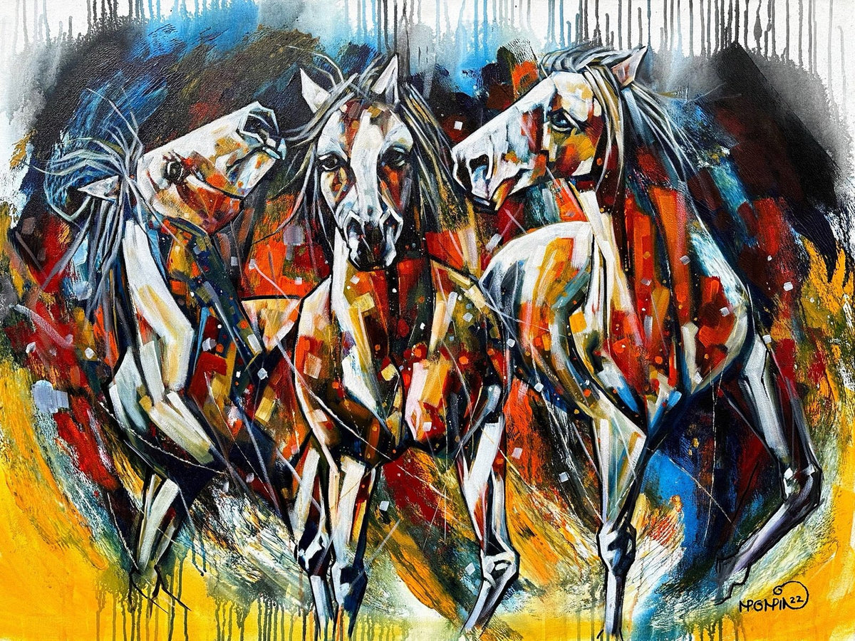 Chromatic Stampede modern abstract oil painting by Momin Khan showing three white horses charging through bright red blue and yellow colors.