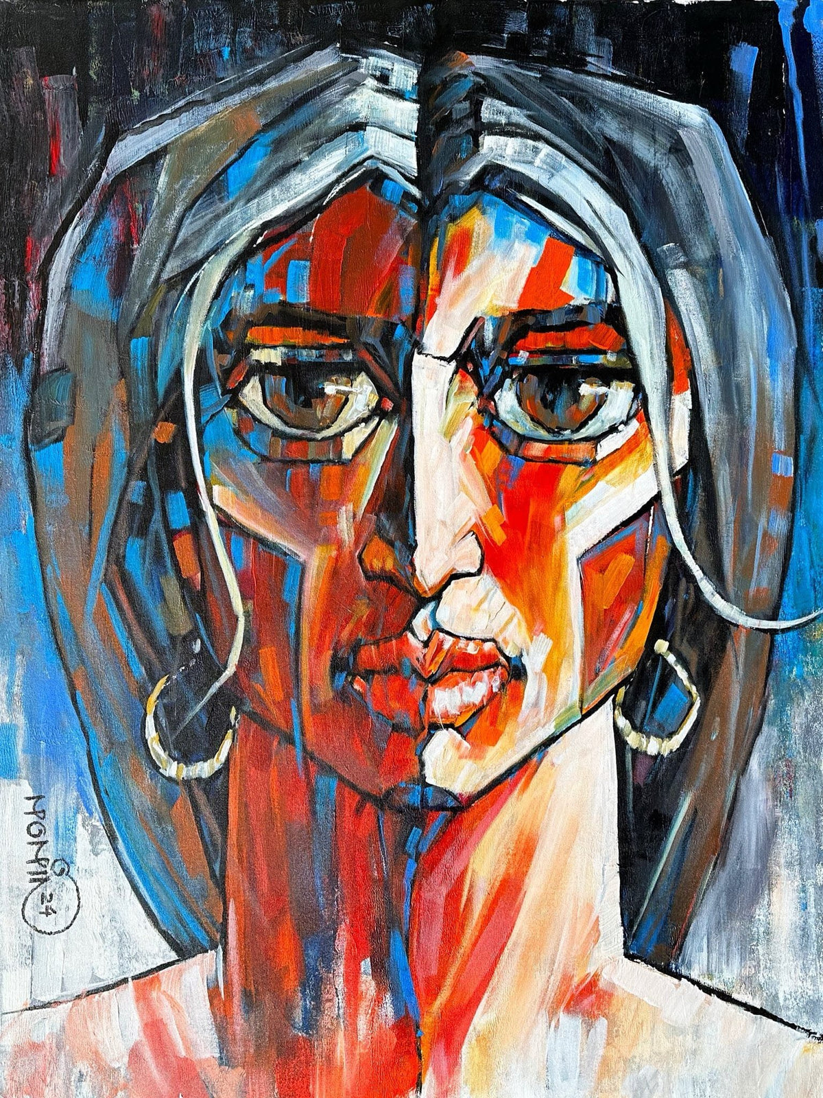 Momin Khan duality oil painting on canvas 36x48 inches abstract portrait of woman with geometric red blue orange colors and hoop earrings