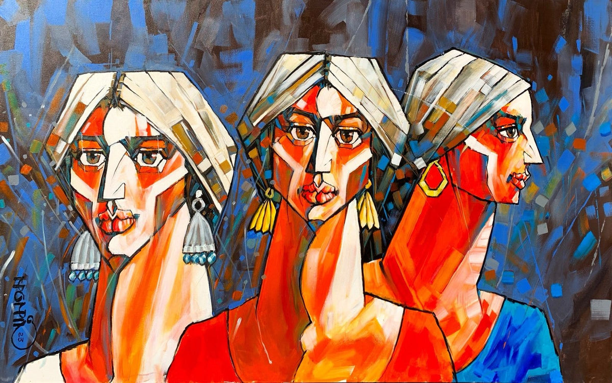 Momin Khan three women blue geometric oil painting on canvas 30x48 inches three female portraits with blue background red and gold tones