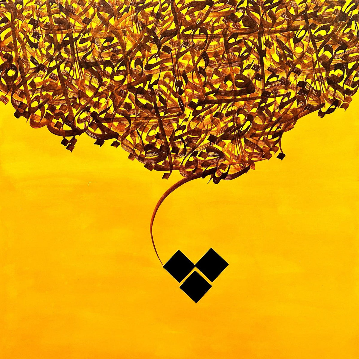 Muneeb Ali 48x48 acrylic on canvas - dense gold calligraphy on mustard yellow background