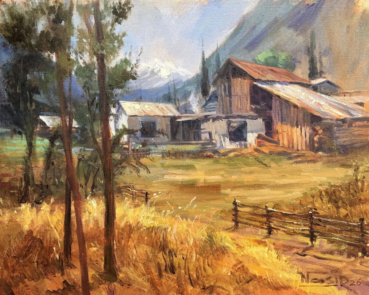 Nasir Shahzad Golden Valley oil on board 16x20 inches Pakistani village landscape painting